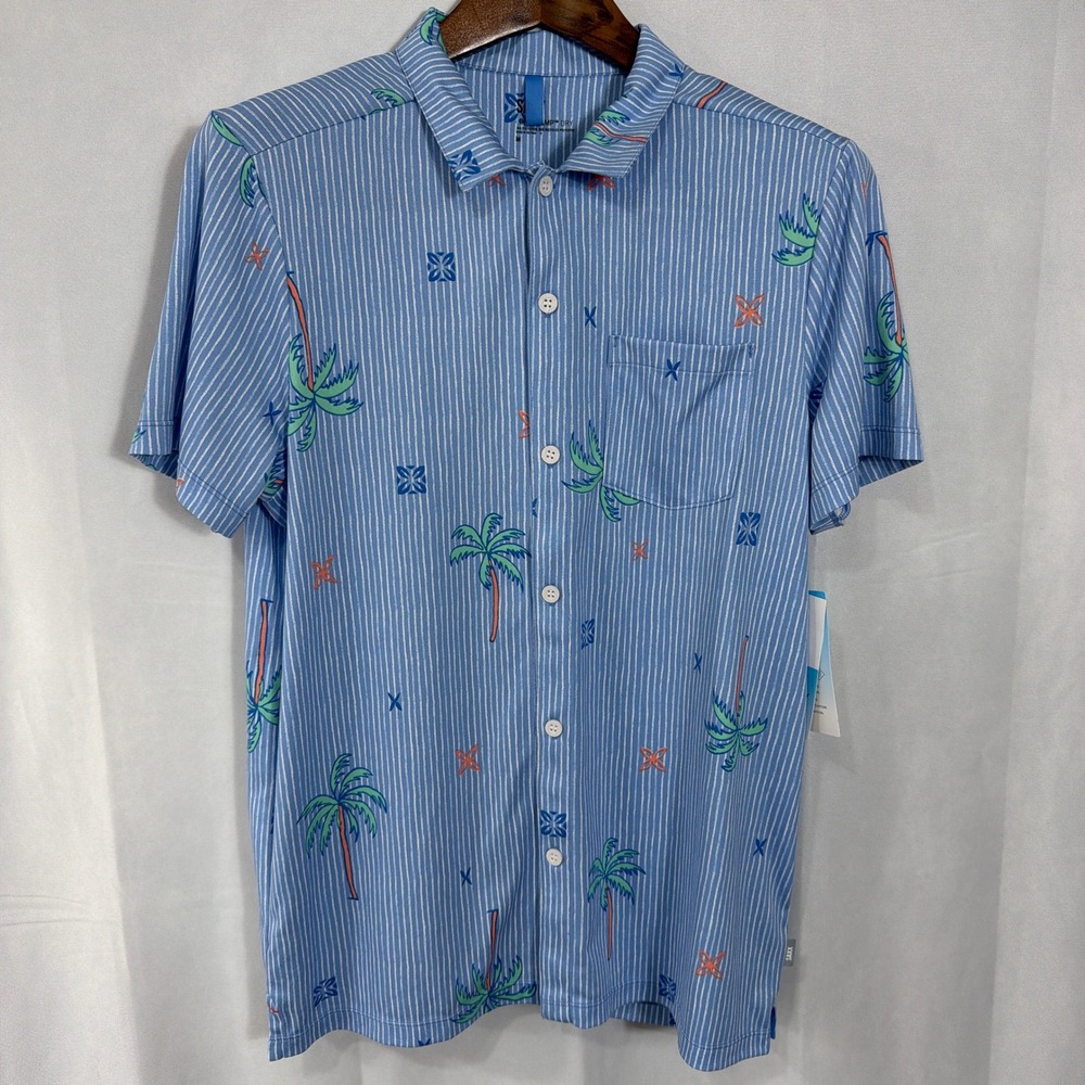 Saxx Resort Polo DropTemp Dry Palm Tree Stripe Blue Short Sleeve Mens Size M NWT